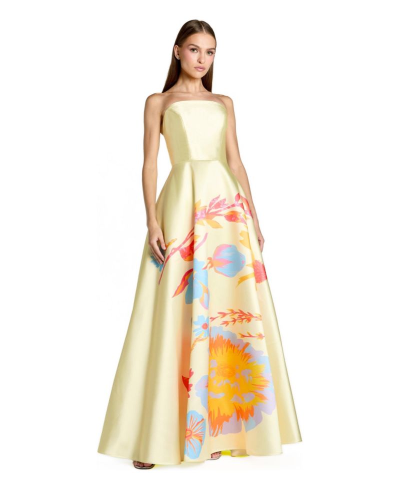 Women's Strapless Floral Printed Mikado Ball Gown