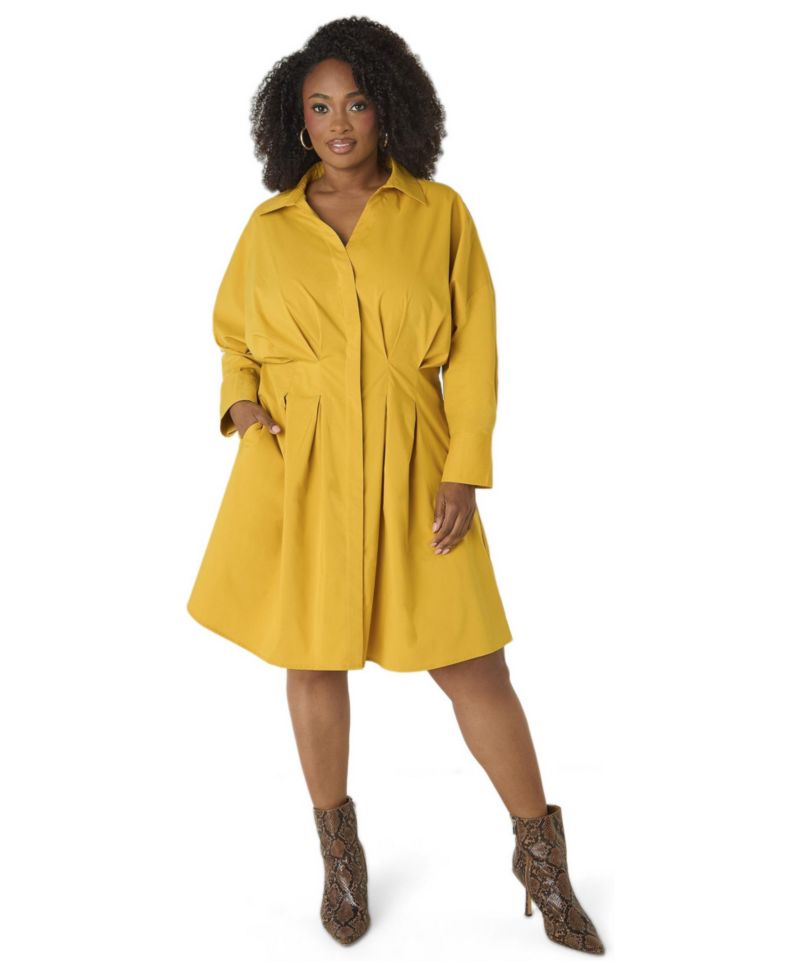 Plus Size Collared Pleated-Sleeve Shirtdress