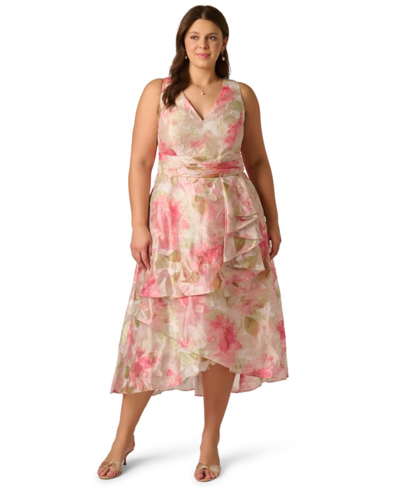 Plus Size Cascade Organza V-Neck Midi Dress