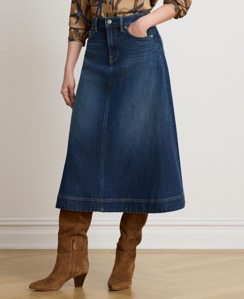 Women's A-Line High-Waisted Midi Denim Skirt