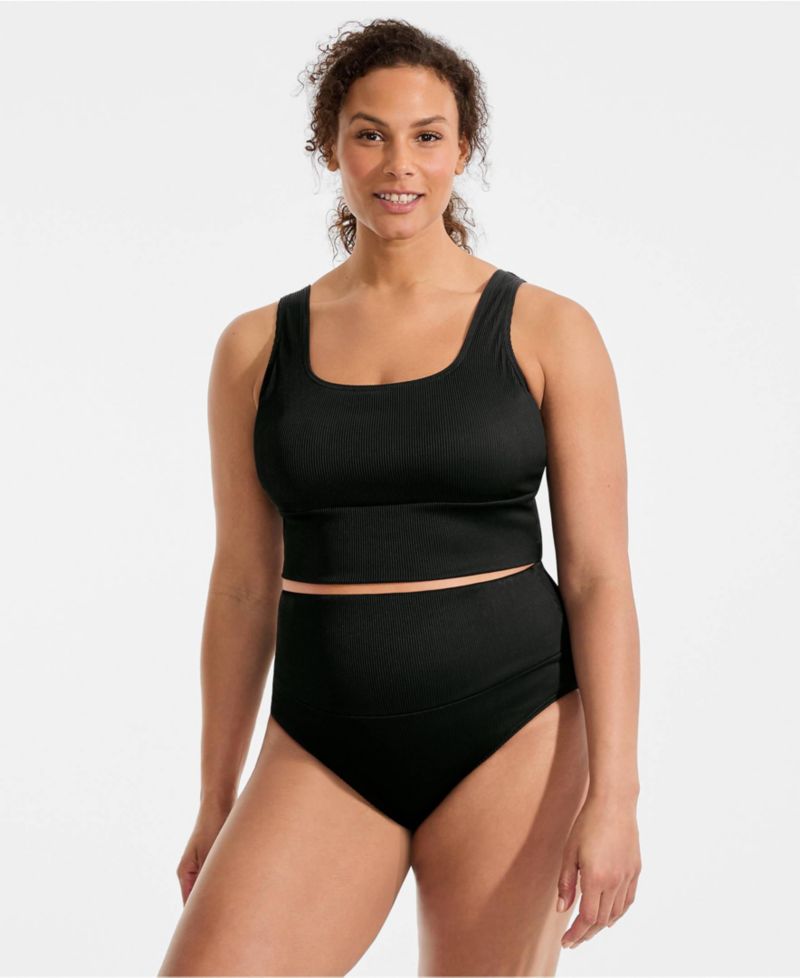 Plus Size Tugless Ribbed Midkini and High Waisted Bottom Swimsuit Set