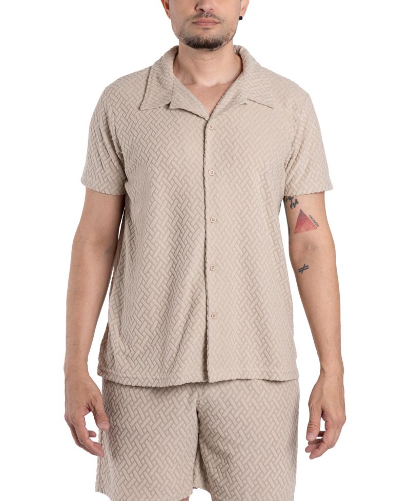 Men's Casual Textured Camp Collar Short Sleeve Button-Up Shirt