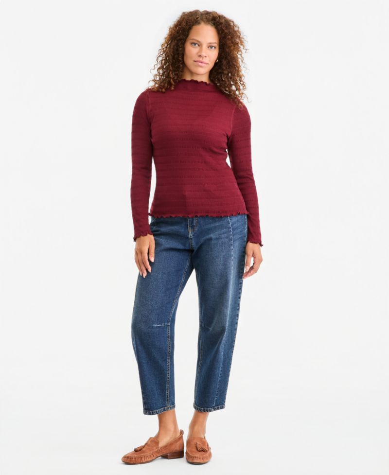 Plus Size Long-Sleeve Funnel Neck Puckered-Rib Top