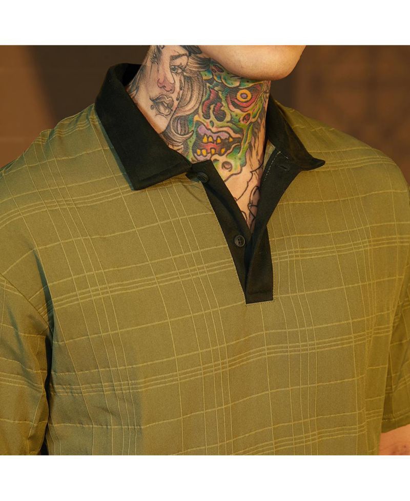 Men's Olive Green and Onyx Black Contrast Grid Polo T-Shirt