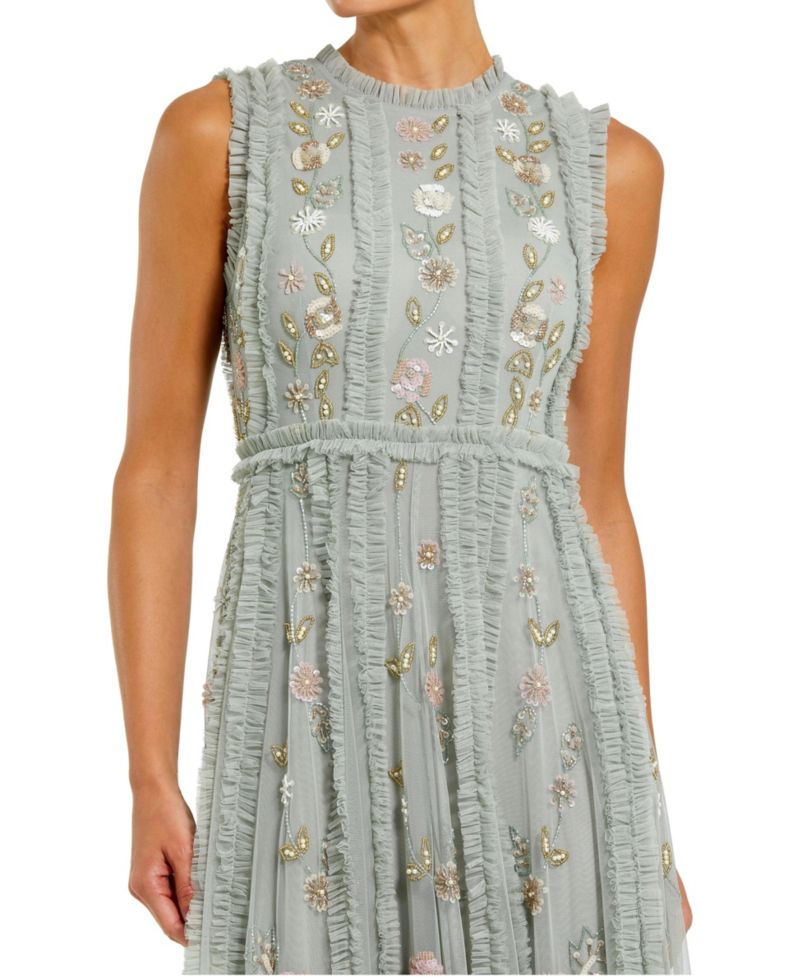 Women's Floral Mesh Sleeveless A Line Micro Ruffle Gown