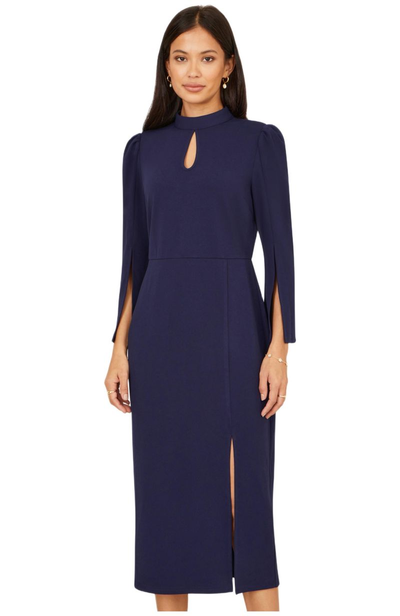 Women's Mock Neck Keyhole Tailored Midi Dress