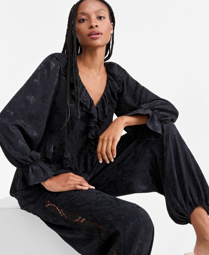 Petite Balloon-Sleeve Ruffle-Jacquard Blouse