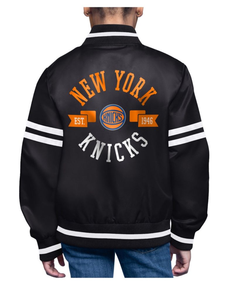 Big Boys and Girls Starter Black New York Knicks Printed Logo Varsity Satin Full-Snap Jacket