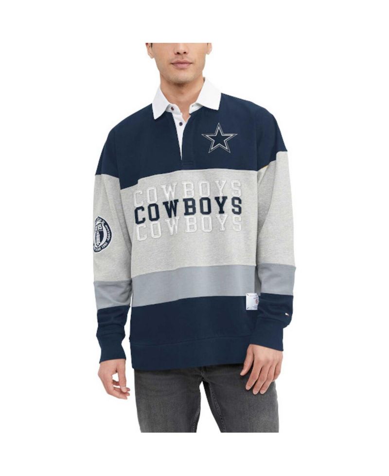 Men's Heather Gray, Navy Dallas Cowboys Connor Oversized Rugby Long Sleeve Polo Shirt