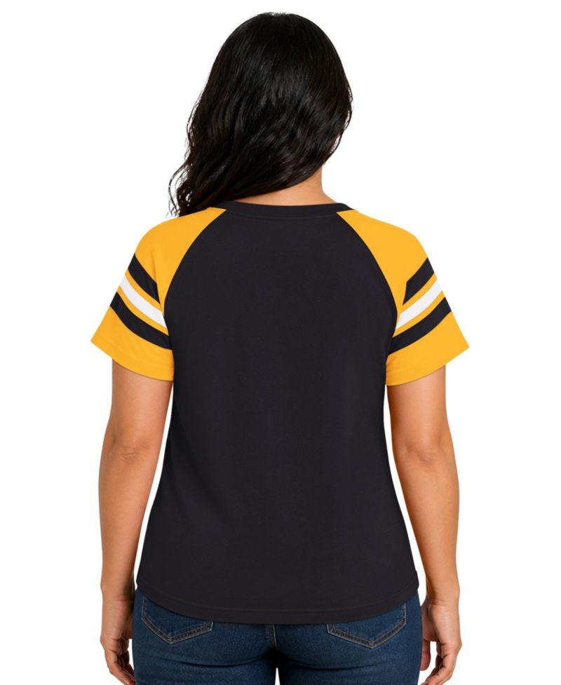 Women's Black Pittsburgh Steelers Plus Size Game On Notch Neck Raglan T-Shirt