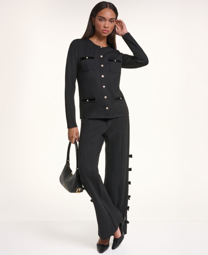 Petite Soft Set Bow Bottom Wide-Leg Velvet Pants