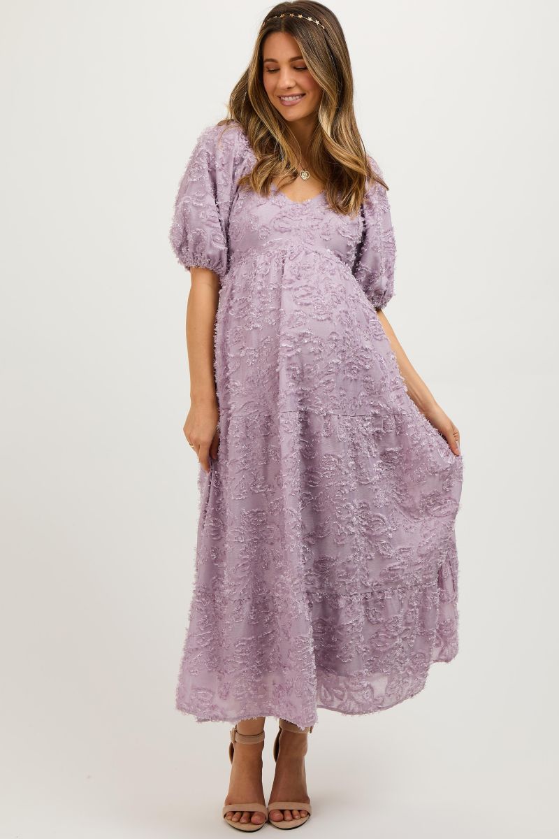 Women's Lavender Fringe Textured Short Puff Sleeve Midi Dress