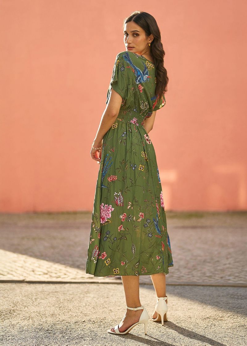 Women's Ruched Waist Kimono Sleeve Midi Dress