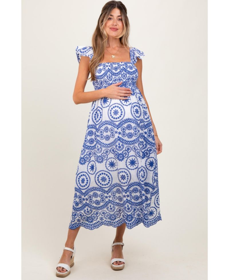 Women's Light Navy Embroidered Smocked Cutout Midi Dress