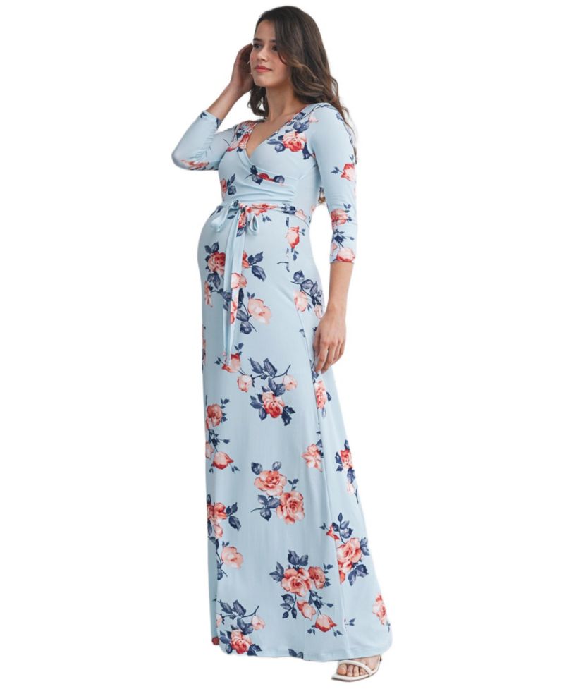 Women's Floral Nursing Wrap 3/4 Sleeve V-Neck Maxi Dress