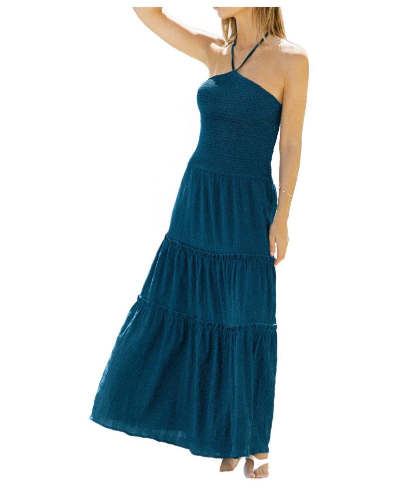 Women's Tahiti Beach Halter Smocked-Bodice Maxi Dress