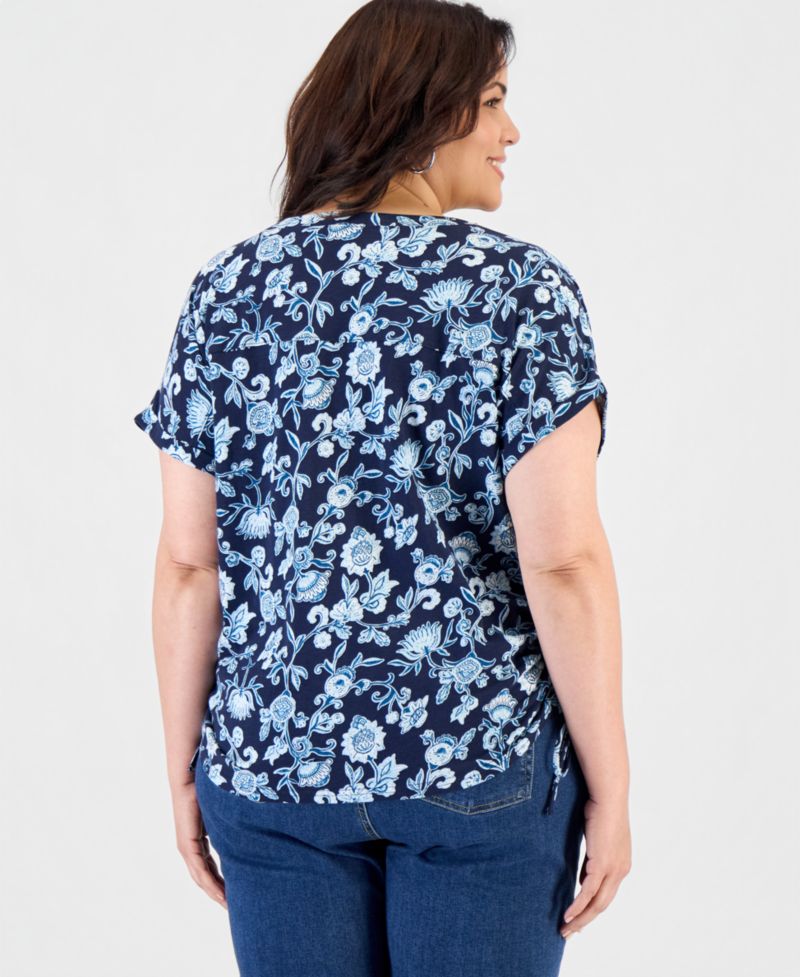 Petite Ruched Tie Fresh Paisley Print V-Neck Top