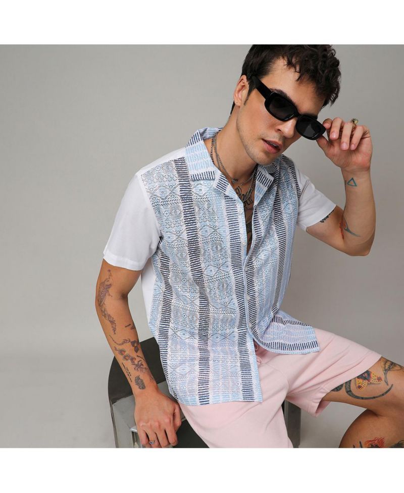 Men's Sky Blue & Midnight Black Fish Eye Ethnic Shirt
