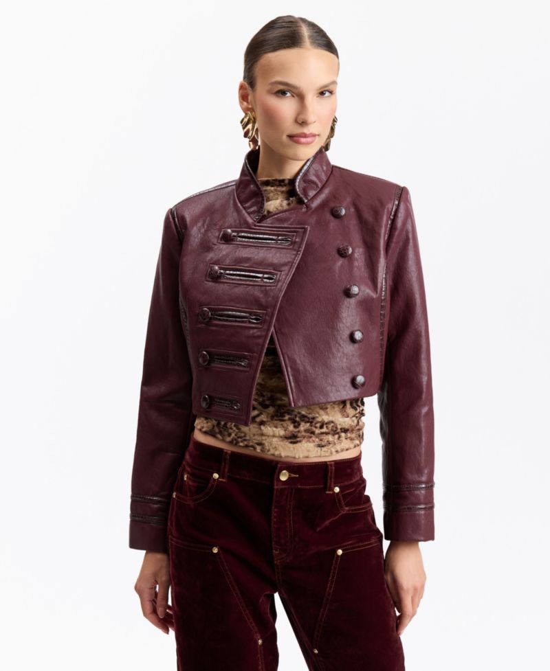 Women's Double-Breasted Military-Style Cropped Faux Leather Jacket