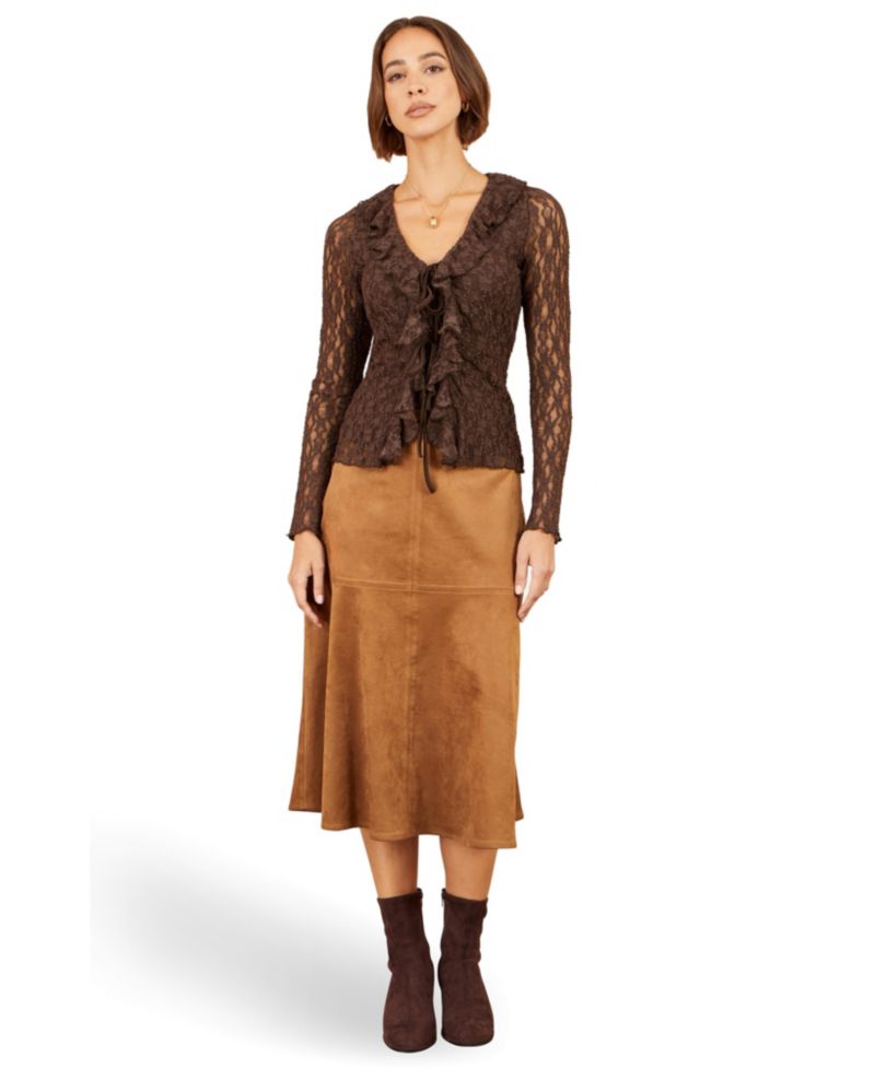 Women's Sheer Long Sleeve Ruffle Lace Top