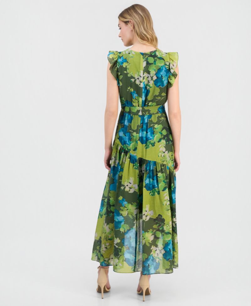 Women's Floral-Print Chiffon Tie-Waist Midi Dress