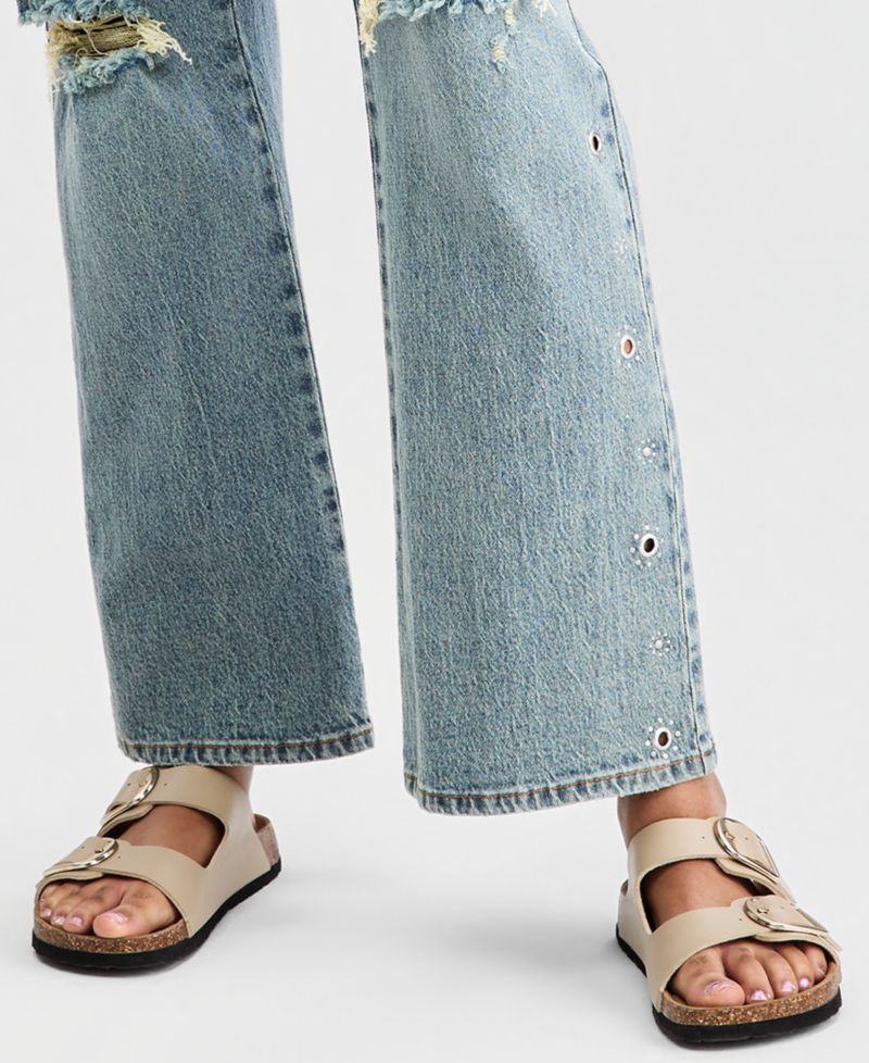 Petite High-Rise Distressed Embellished Straight-Leg Jeans
