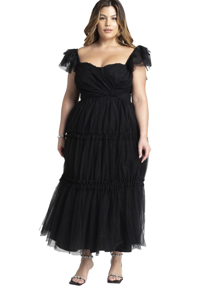 Women's Flutter-Sleeve Tulle Midi Dress