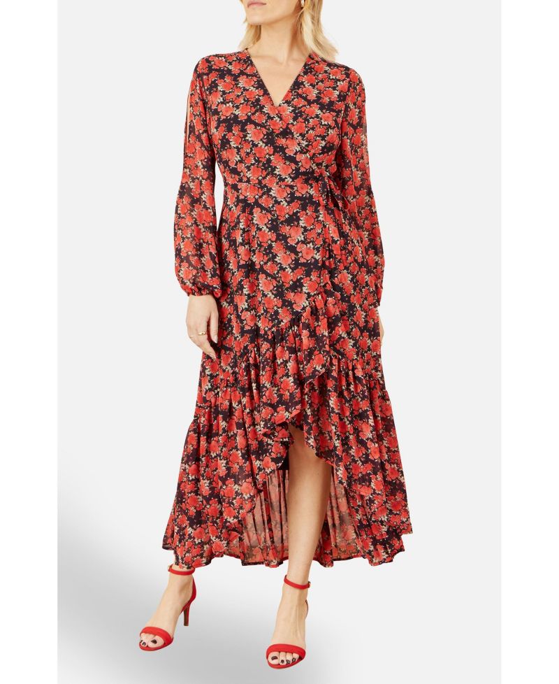 Women's Rose Print Dipped Hemline Midi Dress
