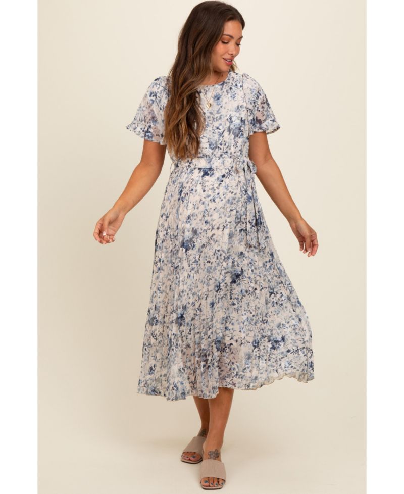 Women's Cream Floral Pleated Midi Dress