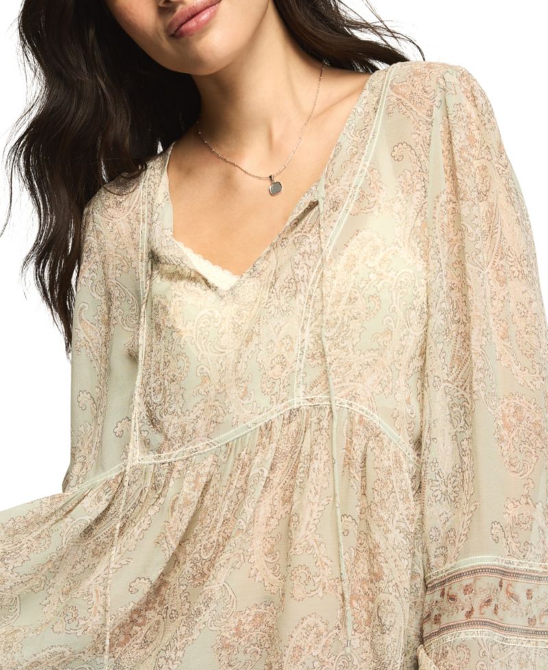 Women's Paisley Print Mix Long-Sleeve Peasant Top