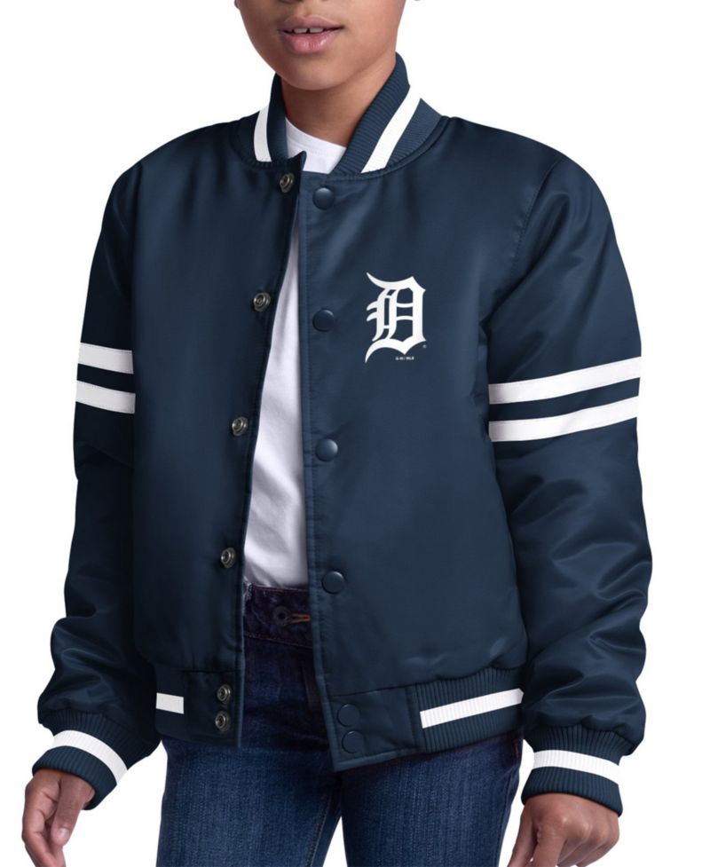 Big Boys and Girls Navy Detroit Tigers Team Logo Full-Snap Satin Varsity Jacket