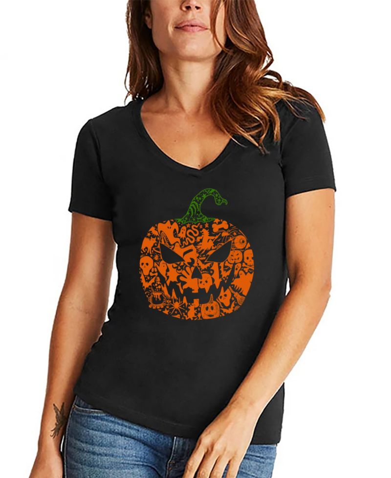 Women's Halloween Pumpkin Word Art V-Neck T-Shirt