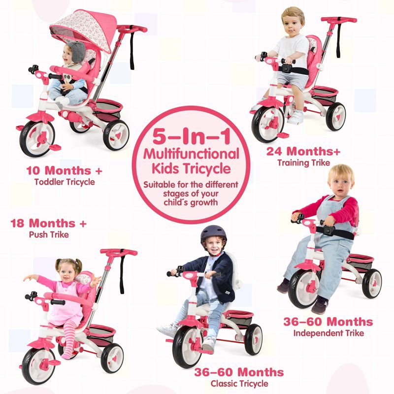 Girls 4-in-1 Tricycle Stroller with Detachable Design and Round Sun Canopy