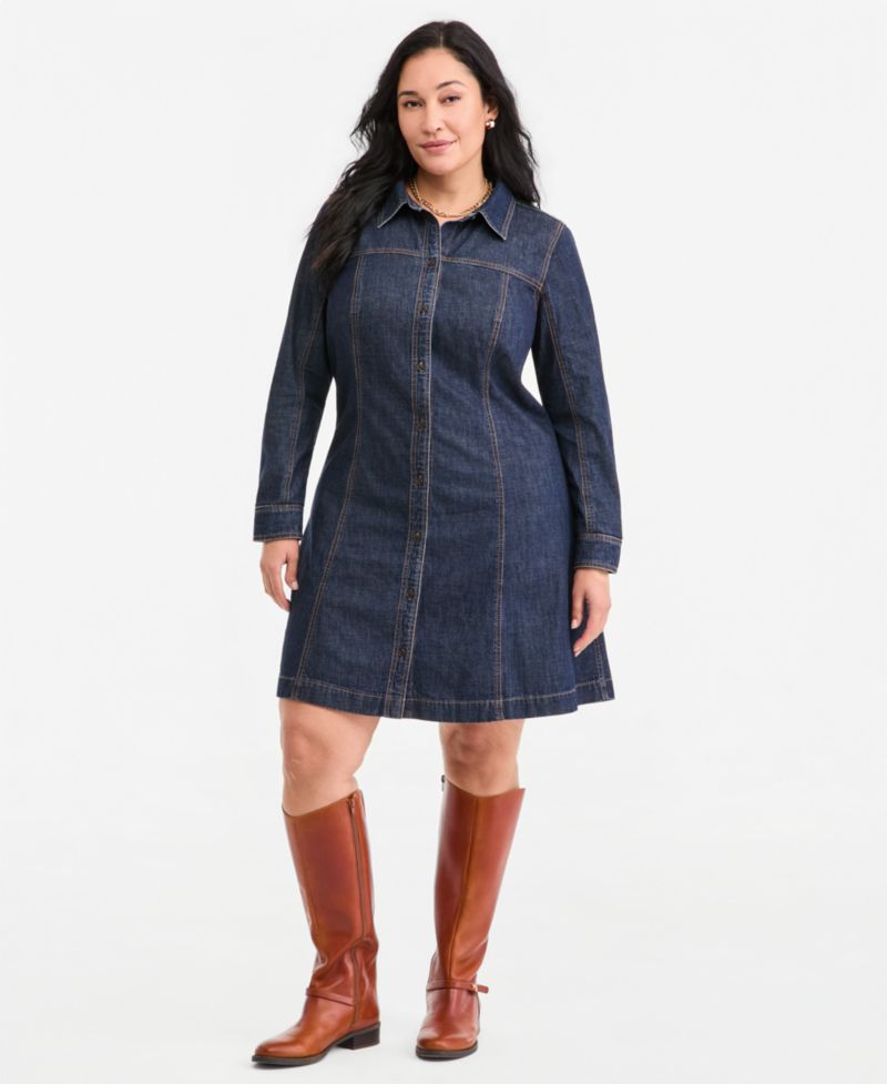 Plus Size Denim Long-Sleeve Mini Dress