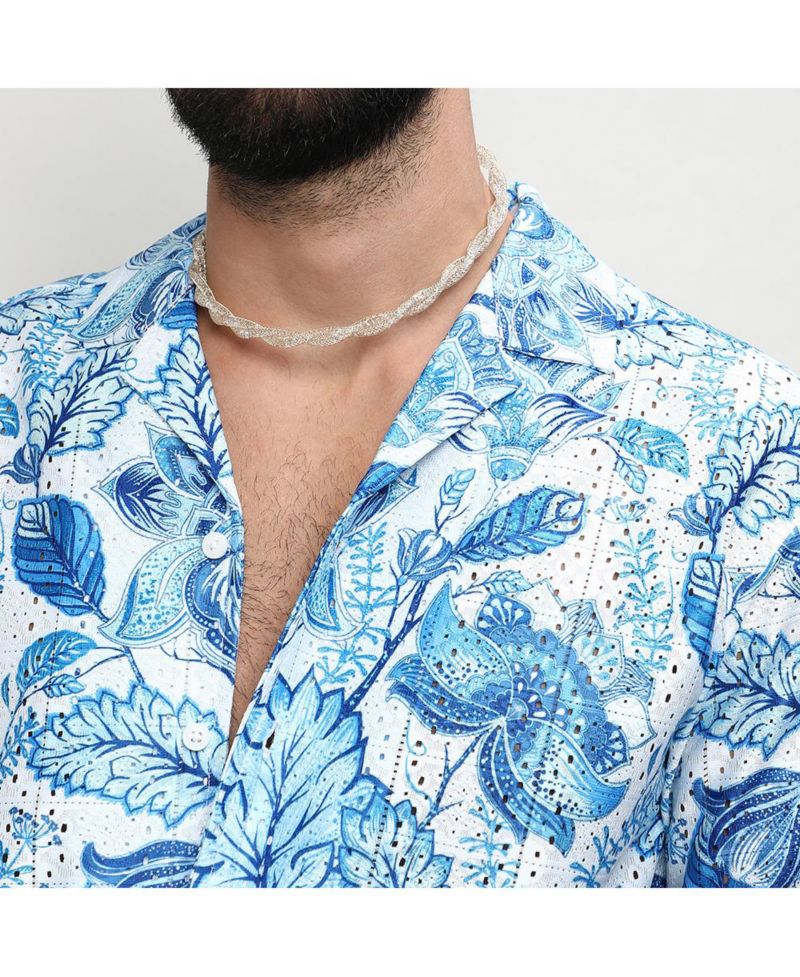 Men's Chalk White:Indigo Blue Mesh Foliage Shirt
