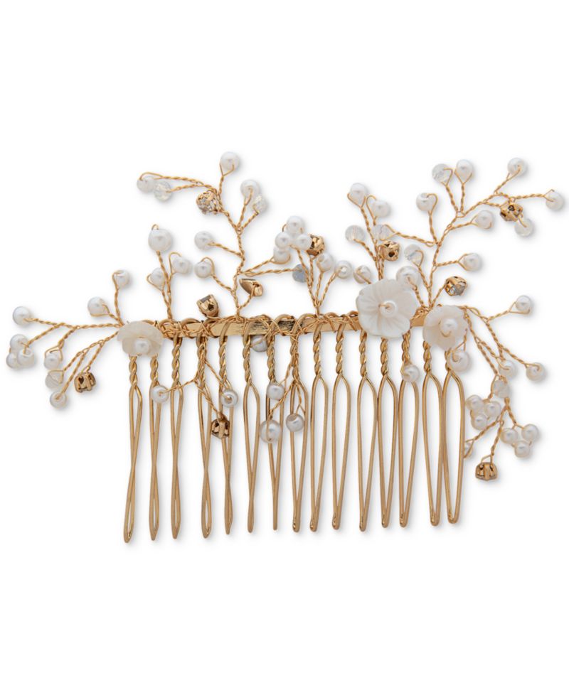 Gold-Tone Pav&eacute;, Bead & Imitation Pearl Flower Hair Comb