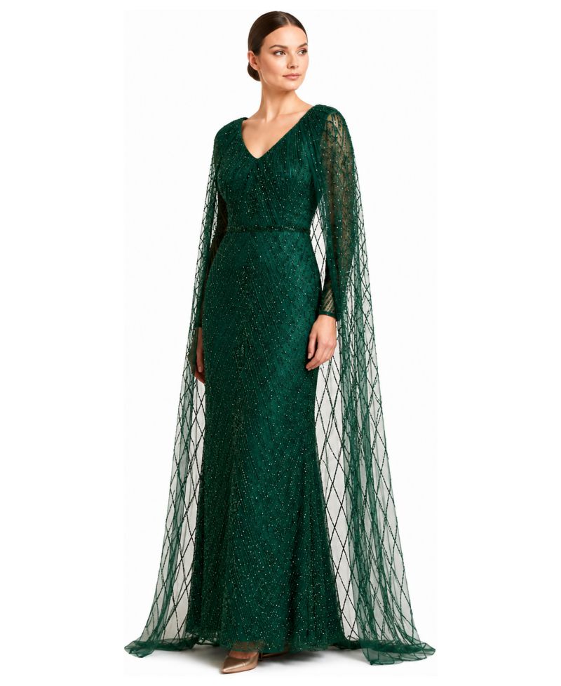 Women's V-Neck Beaded Dress with Long Cape
