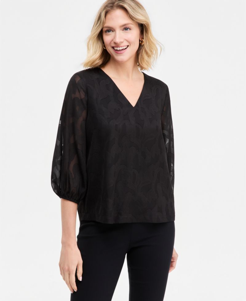 Petite 3/4-Sleeve V-Neck Paisley Blouse