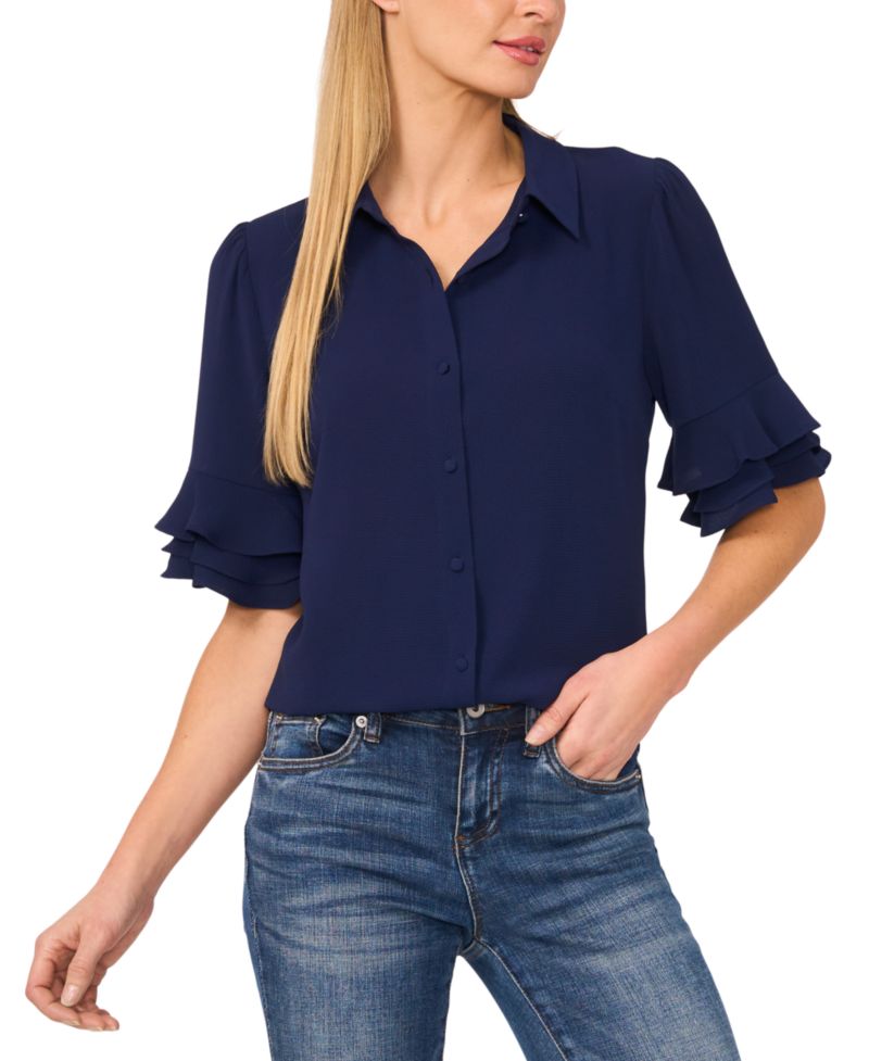 Women's Button-Front Ruffled 3/4-Sleeve Blouse