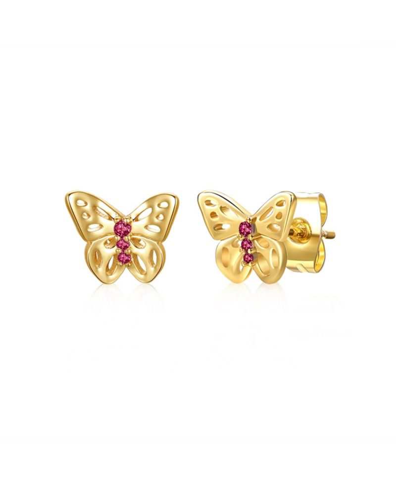 Enchanting 14k Gold Plated 3-Stone Filigree Butterfly Stud Earrings with Cubic Zirconia