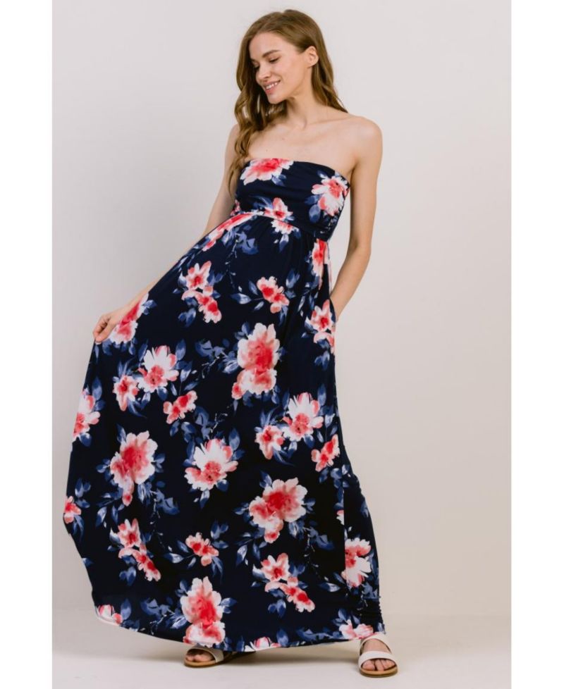 Women's Strapless Empire Waist Floral Maxi Dress with Side Pockets