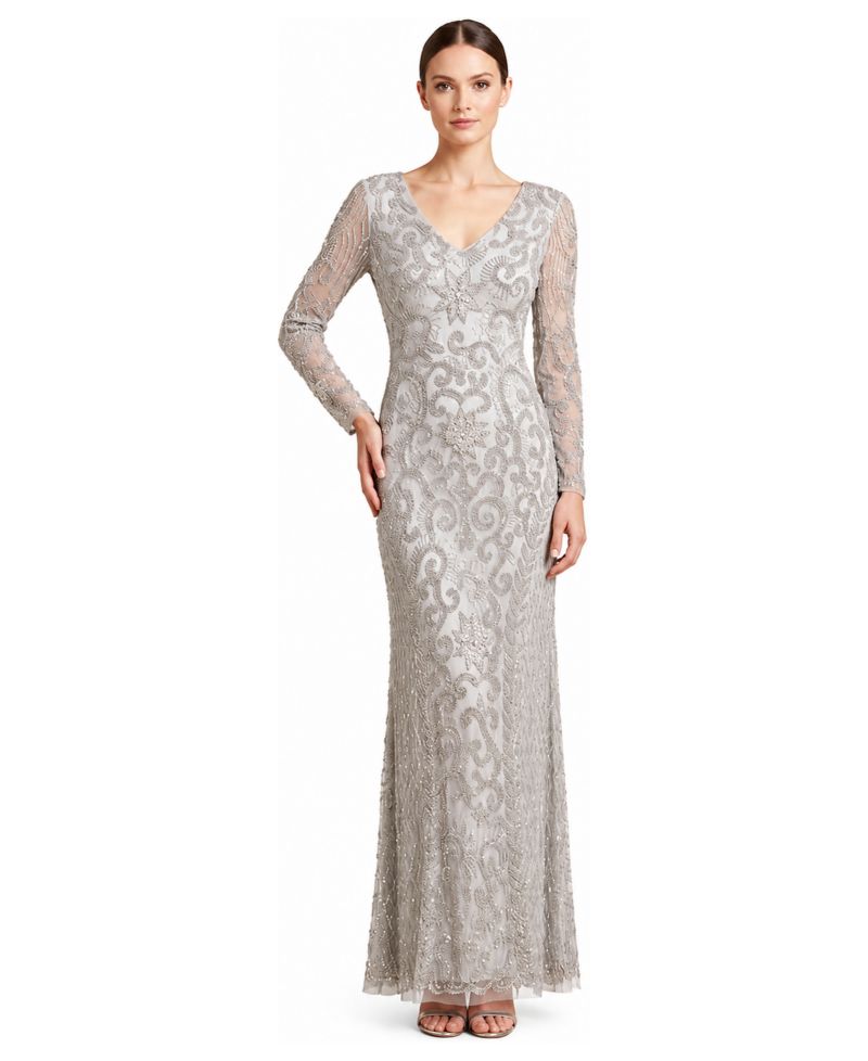 Women's Beaded Long-Sleeve V-Neck Gown