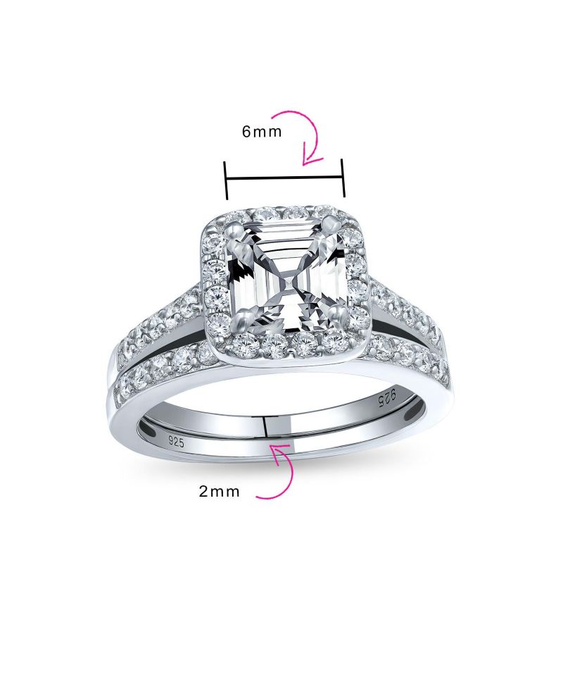 Deco Style 2CT CZ Asscher Cut Halo Engagement Ring Band Set Sterling Silver