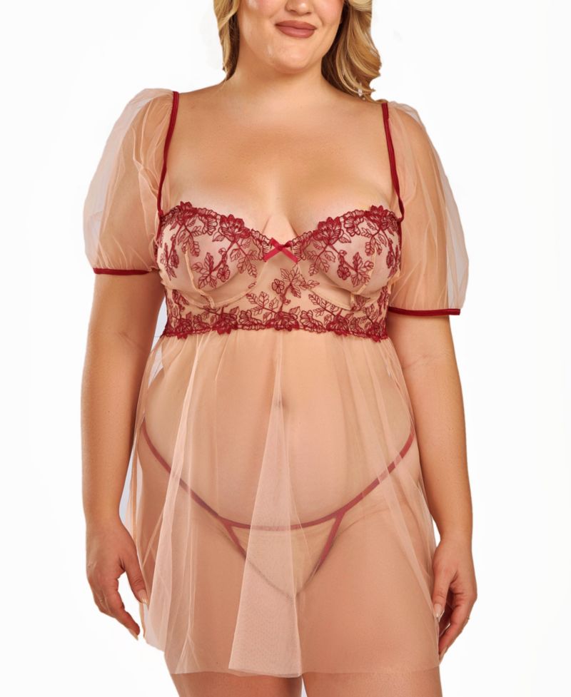 Plus Size Soft Cup Embroidered Mesh Bbdoll Lingerie Set