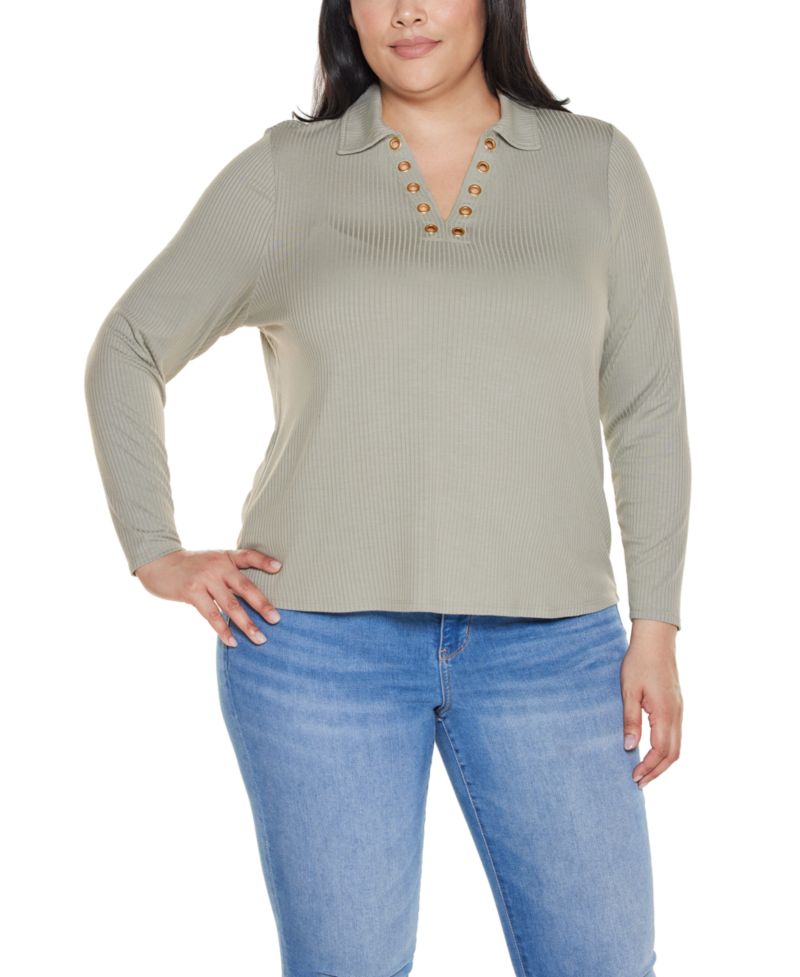 Plus Grommet-Trim Split-V Knit Top