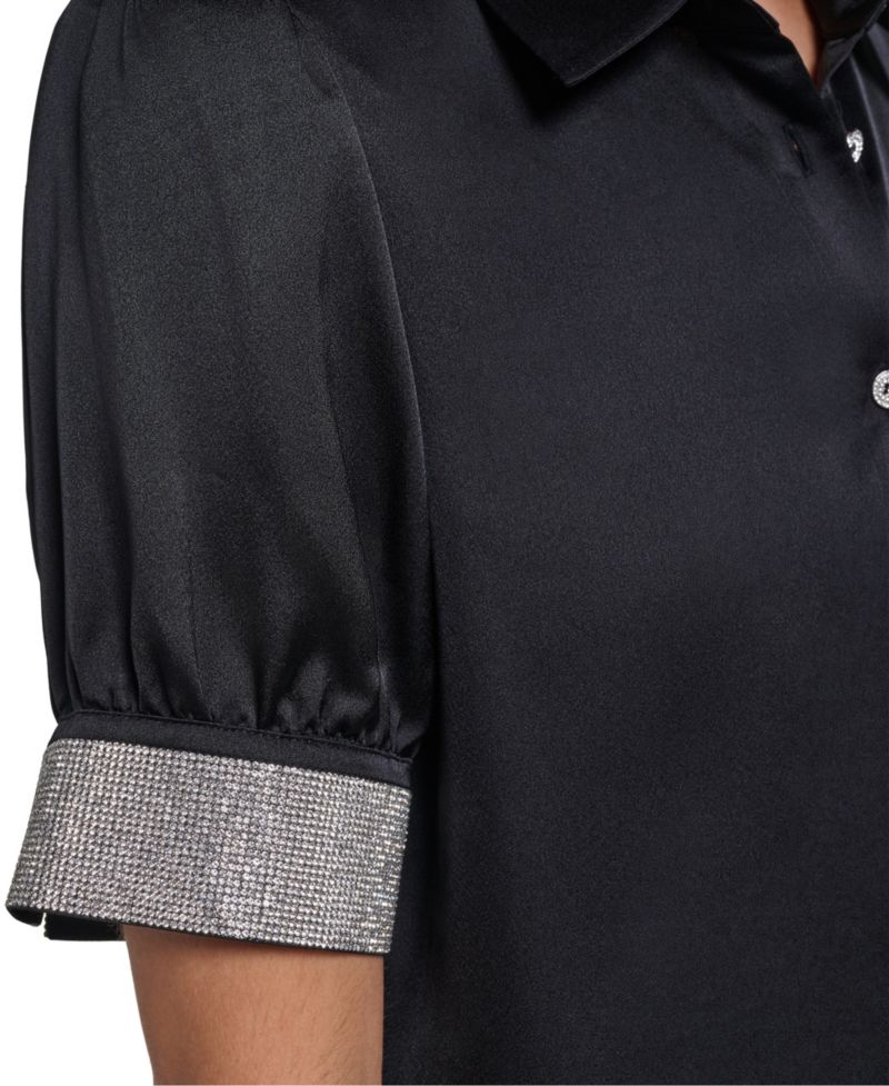Women's Satin Rhinestone-Cuff Button-Front Top