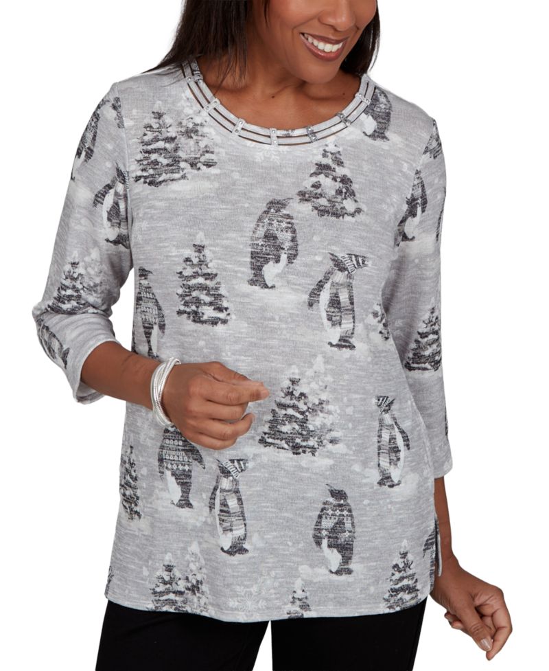 Petite Classic Penguins and Trees 3/4-Sleeve Holiday Knit Top