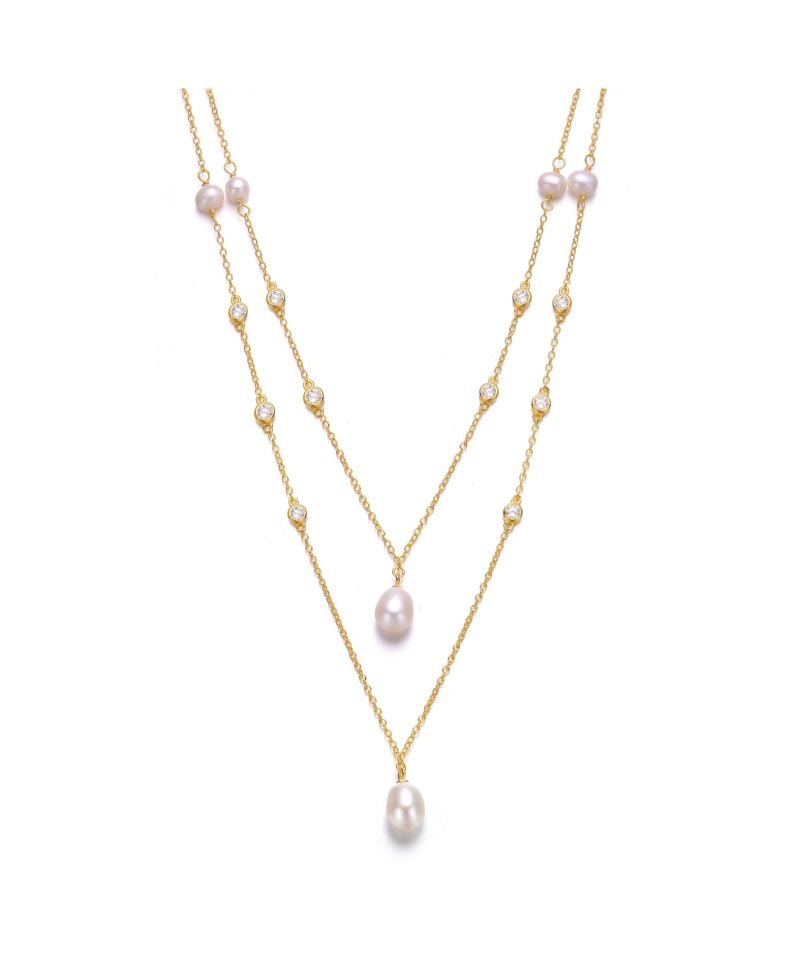 Sterling Silver 14K Gold Plated Freshwater Pearl Layered Necklace