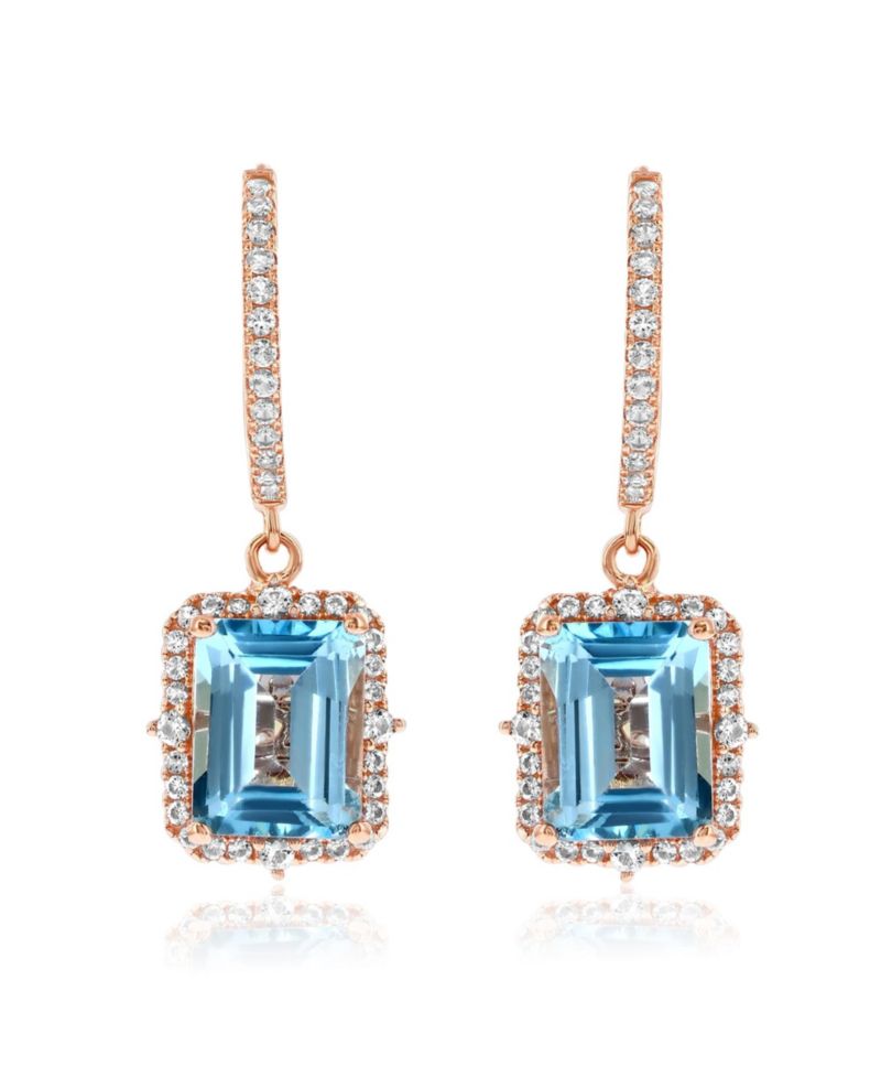 Suzy Levian Sterling Silver Emerald Cut Gemstone Halo Dangling Earrings