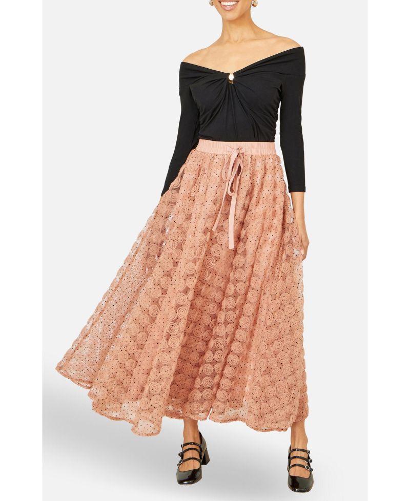 Women's Spot and Rose Tulle Polka-Dot High-Waisted Maxi Skirt
